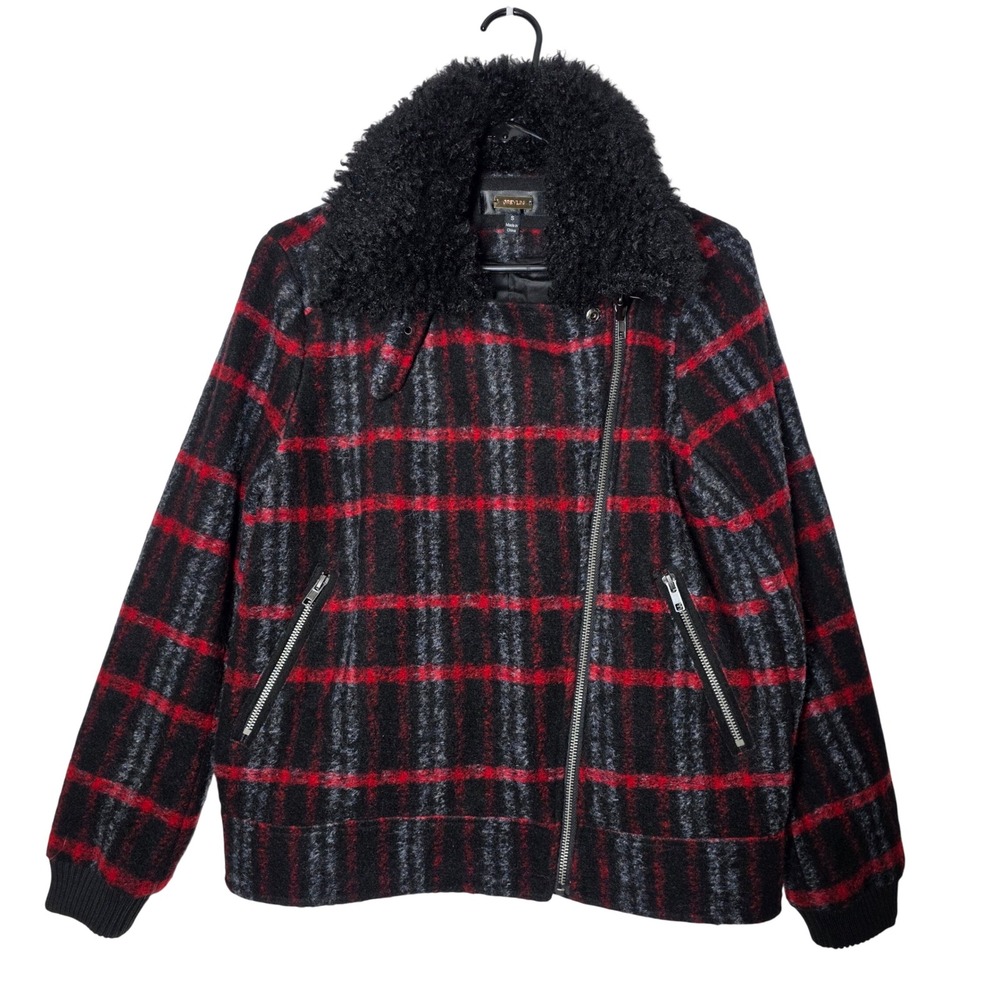 Greylin Anthropologie Plaid Wool Blend Moto Jacket Faux Shearling Collar Small